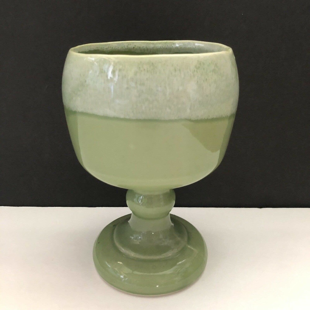 Cookson Pottery 19 USA Green Drip Glaze Footed Pedestal Chalice Vase Planter